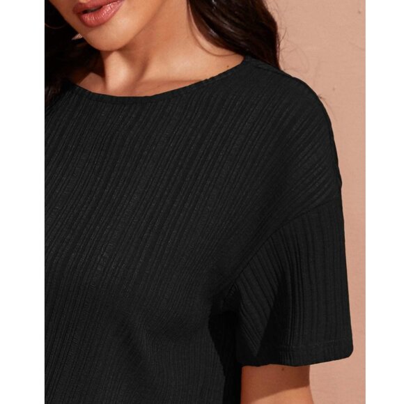 Black Drop Shoulder Crop Tee & Wide Leg Pants Set - Picture 5 of 5